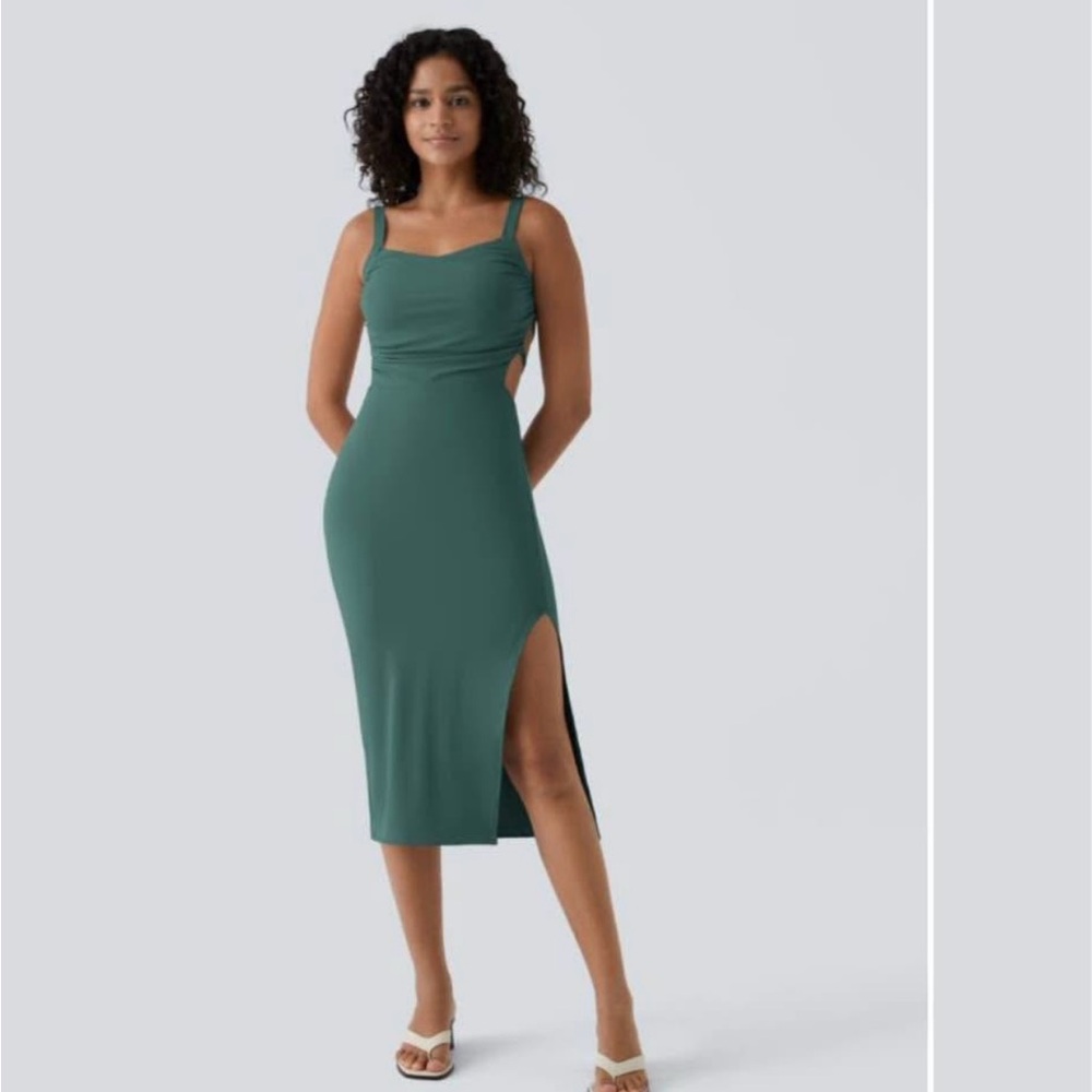 Halara Ruched Backless Crisscross Lace Up Split Bodycon Midi Casual Dress